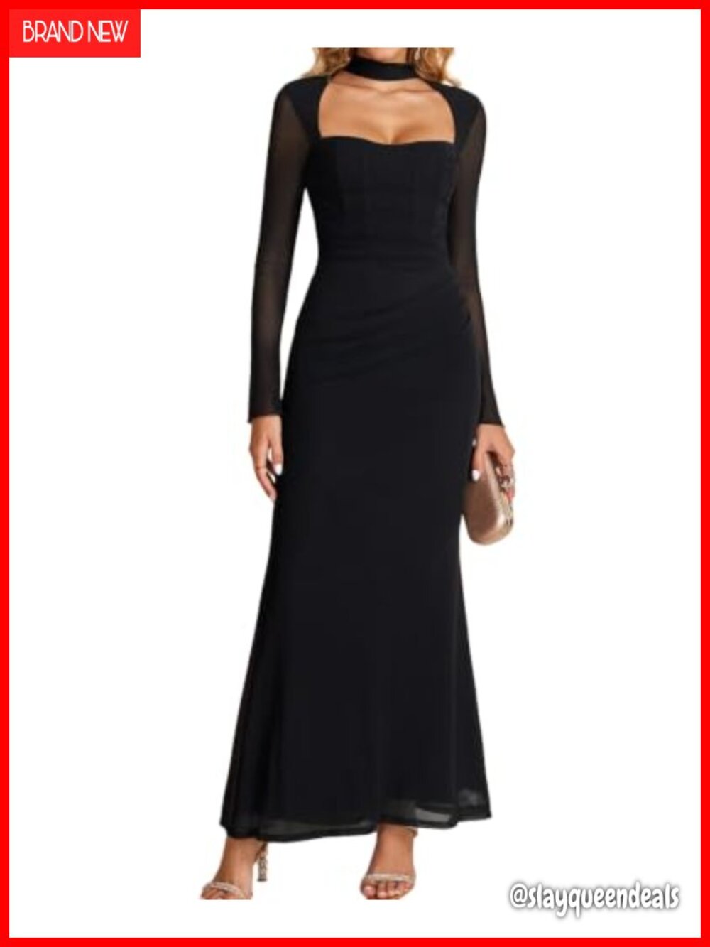 Long Sleeve Corset Mesh Maxi Dress Halter Wedding Guest Cocktail Formal